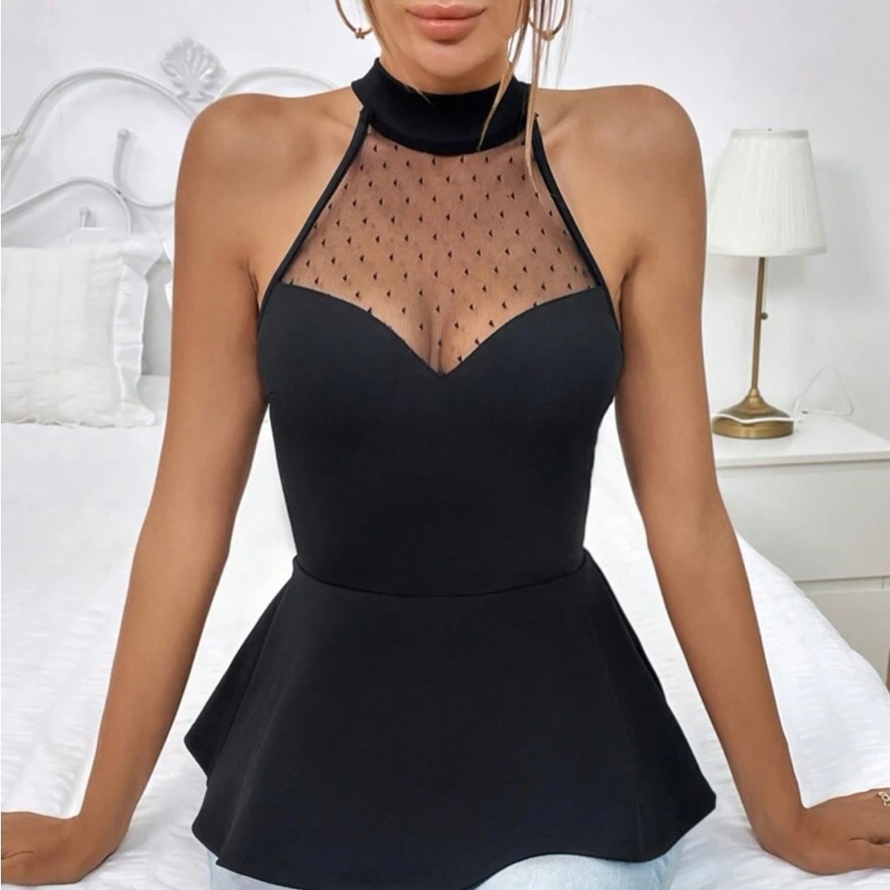 SHEIN Privé Contrast Mesh Peplum Halter Top shirt s black